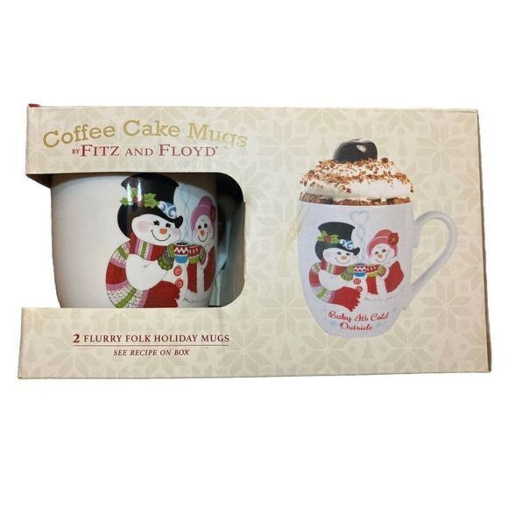 Fitz &‎ Floyd 2 Mug Set NIB Flurry Folk Snowman Coffee Cake Mugs Recipe